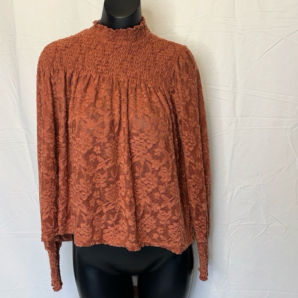 Anthropologie Deletta Amana Burnout Lace Top Size S Smocked Sheer Mockneck N18 - Picture 2 of 6